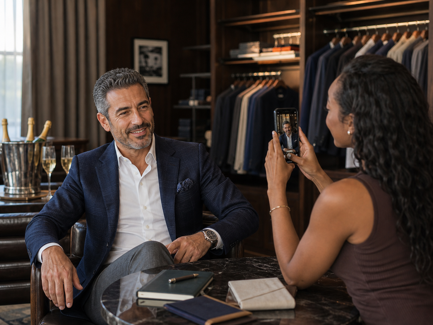 Adults taking refined profile photos in a private club
