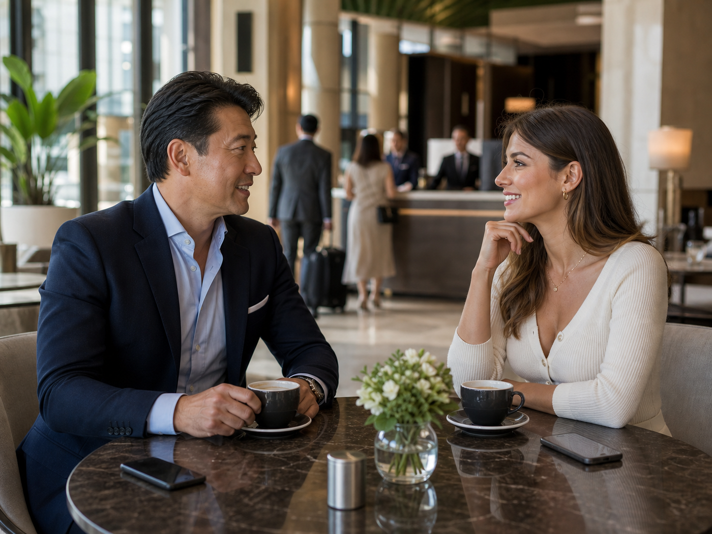 A sugar dating couple meeting in a public lounge